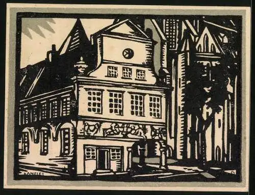 Notgeld Lübeck 1921, 1 Mark, Vereinigung zur Kunstpflege, Bürgerhaus an einer Kirche