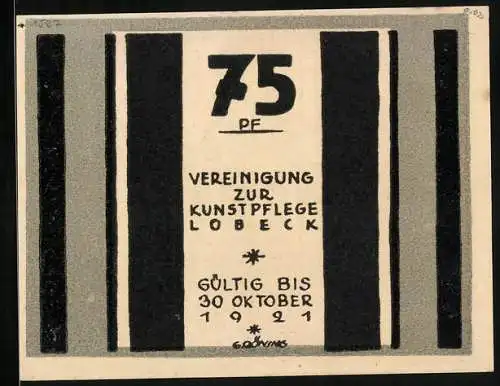 Notgeld Lübeck 1921, 75 Pfennig, Vereinigung zur Kunstpflege, Strassenpartie mit Kirche