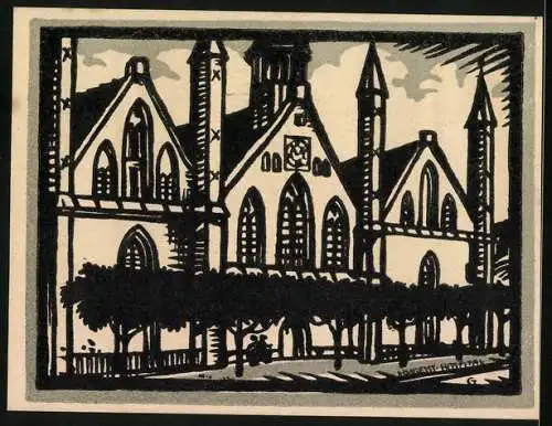 Notgeld Lübeck 1921, 75 Pfennig, Vereinigung zur Kunstpflege, Strassenpartie mit Kirche