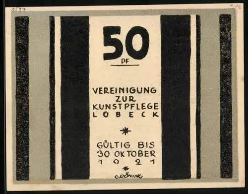 Notgeld Lübeck 1921, 50 Pfennig, Vereinigung zur Kunstpflege, Holstentor