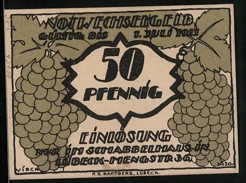 Notgeld Lübeck 1921, 50 Pfennig, Weintrauben, Schabbelhaus