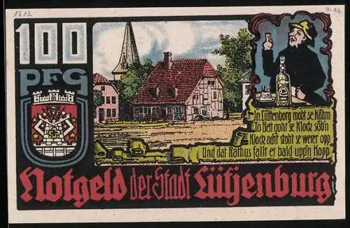 Notgeld Lütjenburg 1921, 100 Pfennig, Wappen, Zecher, Ortspartie, Ortsansicht