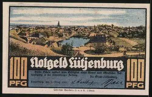 Notgeld Lütjenburg 1921, 100 Pfennig, Wappen, Zecher, Ortspartie, Ortsansicht