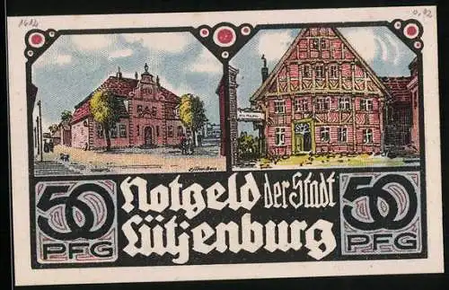 Notgeld Lütjenburg 1921, 50 Pfennig, Ortsansicht, Strassenpartie, Fachwerkhaus