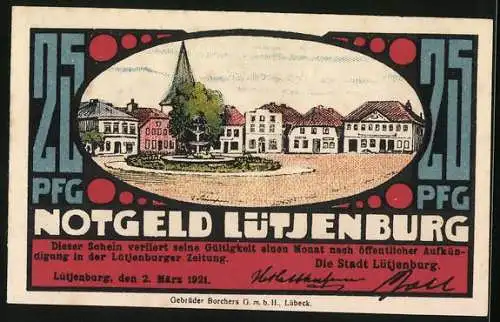 Notgeld Lütjenburg 1921, 25 Pfennig, Platz mit Brunnen, Turm
