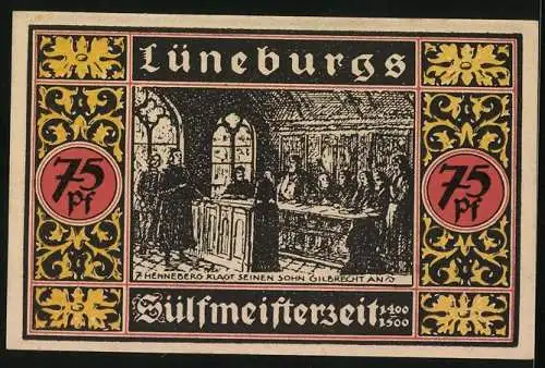 Notgeld Lüneburg 1921, 75 Pfennig, Alte Stadtmauer, Henneberg klagt vor Gericht seinen Sohn an, 1000 Jahre Salzquelle
