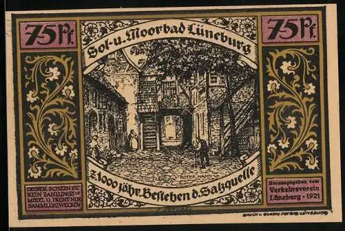 Notgeld Lüneburg 1921, 75 Pfennig, Roter Hahn, Henneberg wird zum Ratsherrn gewählt, 1000 Jahre Salzquelle