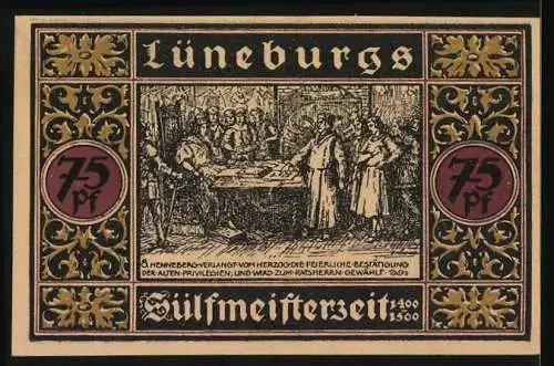 Notgeld Lüneburg 1921, 75 Pfennig, Roter Hahn, Henneberg wird zum Ratsherrn gewählt, 1000 Jahre Salzquelle