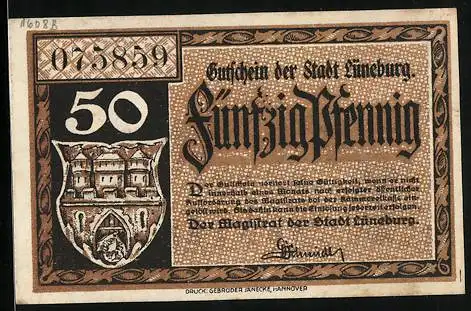 Notgeld Lüneburg, 50 Pfennig, Wappen, Rathaus