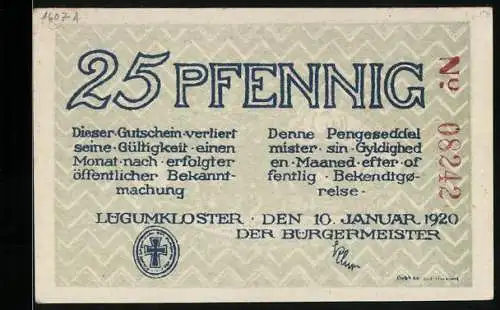 Notgeld Lügumkloster 1920, 25 Pfennig, Siegel, Abt des Klosters