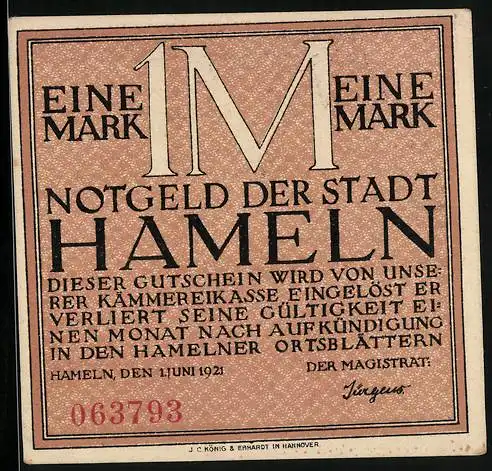 Notgeld Hameln 1921, 1 Mark, Denkstein der Siebenlinge