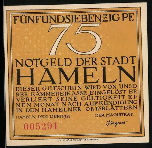 Notgeld Hameln 1921, 75 Pfennig, Siebenlinge Denkstein