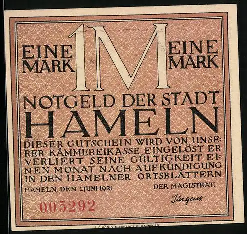 Notgeld Hameln 1921, 1 Mark, Der Siebenlinge Denkstein