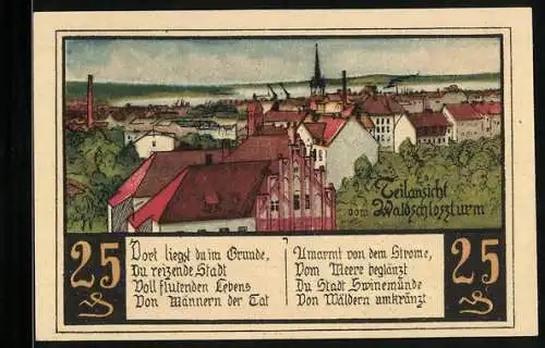Notgeld Swinemünde, 25 Pfennig, Wappen, Steuermann, Teilansicht vom Waldschlossturm