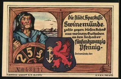 Notgeld Swinemünde, 25 Pfennig, Wappen, Steuermann, Teilansicht vom Waldschlossturm
