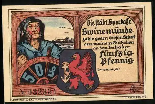 Notgeld Swinemünde, 50 Pfennig, Wappen, Steuermann, Hafen mit Dampfer