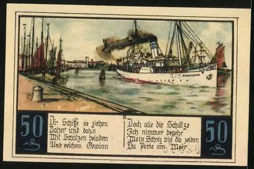 Notgeld Swinemünde, 50 Pfennig, Wappen, Steuermann, Hafen mit Dampfer