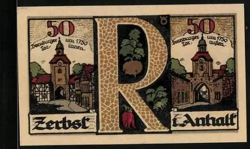 Notgeld Zerbst /Anhalt 1921, 50 Pfennig, Wappen, Statuen, Domburger Tor