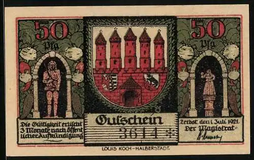 Notgeld Zerbst /Anhalt 1921, 50 Pfennig, Wappen, Statuen, Domburger Tor von innen und aussen