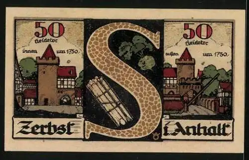Notgeld Zerbst /Anhalt 1921, 50 Pfennig, Wappen, Statuen, Domburger Tor von innen und aussen