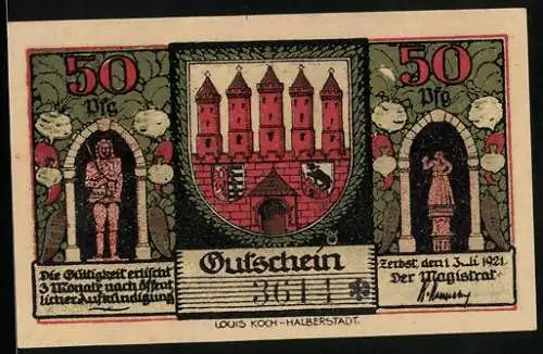Notgeld Zerbst /Anhalt 1921, 50 Pfennig, Wappen, Statuen, Altes und neues Rathaus