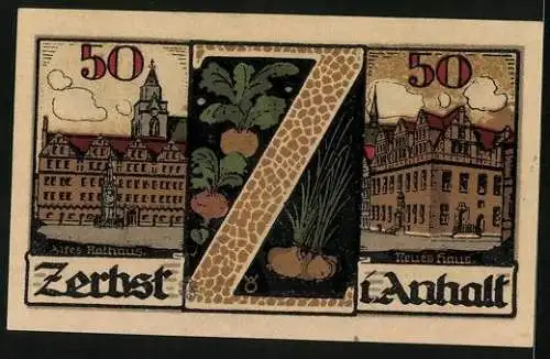 Notgeld Zerbst /Anhalt 1921, 50 Pfennig, Wappen, Statuen, Altes und neues Rathaus