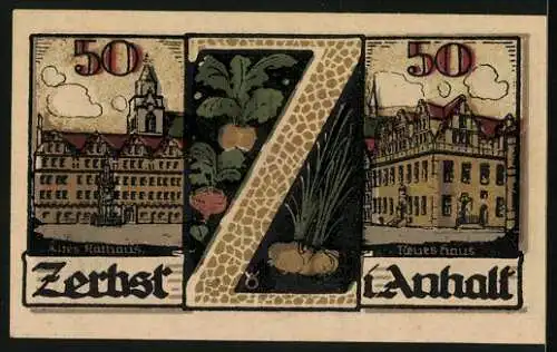 Notgeld Zerbst /Anhalt 1921, 50 Pfennig, Wappen, Statuen, Altes u. neues Rathaus