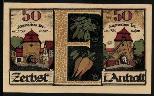 Notgeld Zerbst /Anhalt 1921, 50 Pfennig, Wappen, Statuen, Akensches Tor