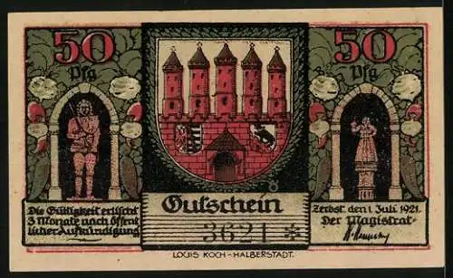 Notgeld Zerbst /Anhalt 1921, 50 Pfennig, Wappen, Statuen, Akensches Tor