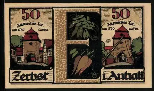 Notgeld Zerbst /Anhalt 1921, 50 Pfennig, Wappen, Statuen, Akensches Tor innen u. aussen