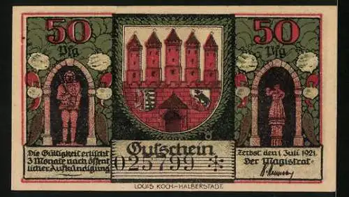 Notgeld Zerbst /Anhalt 1921, 50 Pfennig, Wappen, Statuen, Akensches Tor innen u. aussen