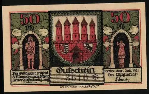 Notgeld Zerbst /Anhalt 1921, 50 Pfennig, Wappen, Statuen, Frauentor
