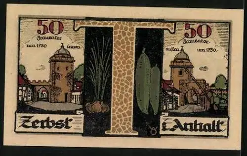 Notgeld Zerbst /Anhalt 1921, 50 Pfennig, Wappen, Statuen, Frauentor