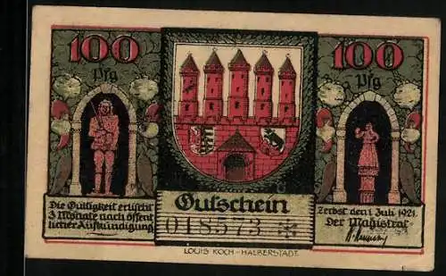 Notgeld Zerbst /Anhalt 1921, 100 Pfennig, Wappen, Statuen, Marktplatz mit Marktbetrieb