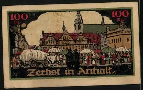 Notgeld Zerbst /Anhalt 1921, 100 Pfennig, Wappen, Statuen, Marktplatz mit Marktbetrieb