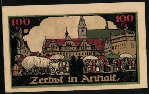 Notgeld Zerbst /Anhalt 1921, 100 Pfennig, Wappen, Statuen, Marktplatz mit Marktständen