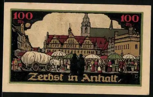 Notgeld Zerbst /Anhalt 1921, 100 Pfennig, Wappen, Statuen, Marktplatz mit Markt