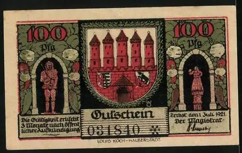 Notgeld Zerbst /Anhalt 1921, 100 Pfennig, Wappen, Statuen, Marktplatz mit Markt