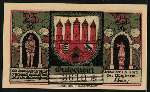 Notgeld Zerbst /Anhalt 1921, 25 Pfennig, Wappen, Statuen, Bier, Gasthaus und Ratsbrauerei