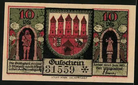 Notgeld Zerbst /Anhalt 1921, 10 Pfennig, Wappen, Statuen, Museum