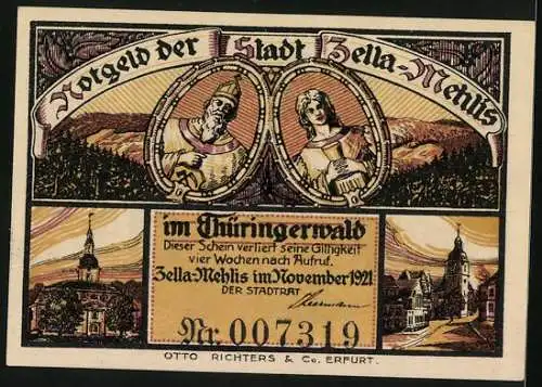 Notgeld Zella-Mehlis /Th. 1921, 25 Pfennig, Figuren, Strassenpartie, Turmgebäude, Ortsansicht