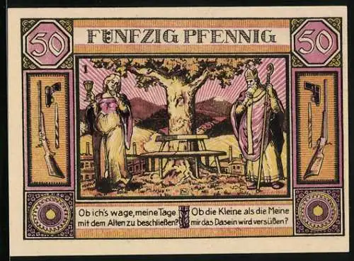 Notgeld Zella-Mehlis /Th. 1921, 50 Pfennig, Figuren, Strassenpartie, Turmgebäude, König mit einer jungen Maid