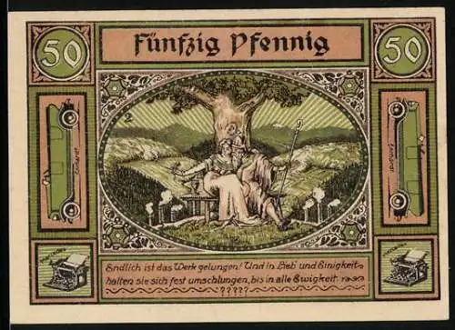 Notgeld Zella-Mehlis /Th. 1921, 50 Pfennig, Figuren, Strassenpartie, Turmgebäude, Königspaar vor einer Eiche