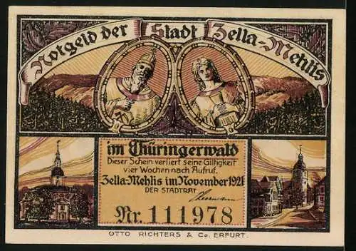 Notgeld Zella-Mehlis /Th. 1921, 50 Pfennig, Figuren, Strassenpartie, Turmgebäude, Königspaar vor einer Eiche