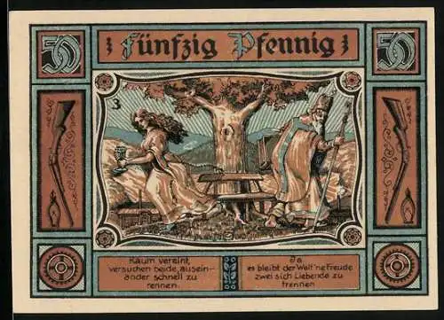 Notgeld Zella-Mehlis /Th. 1921, 50 Pfennig, Figuren, Strassenpartie, Turmgebäude, König und Geliebte trennen sich