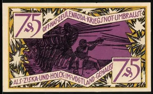 Notgeld Zeulenroda 1921, 75 Pfennig, Wappen, Krieger im Vogtland