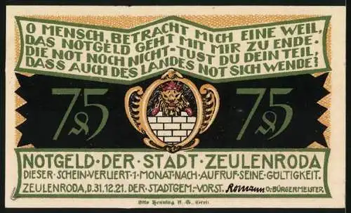 Notgeld Zeulenroda 1921, 75 Pfennig, Wappen, Krieger im Vogtland