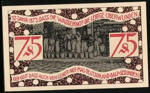 Notgeld Zeulenroda 1921, 75 Pfennig, Wappen, Wassernot in der Stadt
