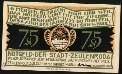 Notgeld Zeulenroda 1921, 75 Pfennig, Wappen, Wassernot in der Stadt