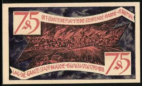 Notgeld Zeulenroda 1921, 75 Pfennig, Wappen, Stadt in Brand